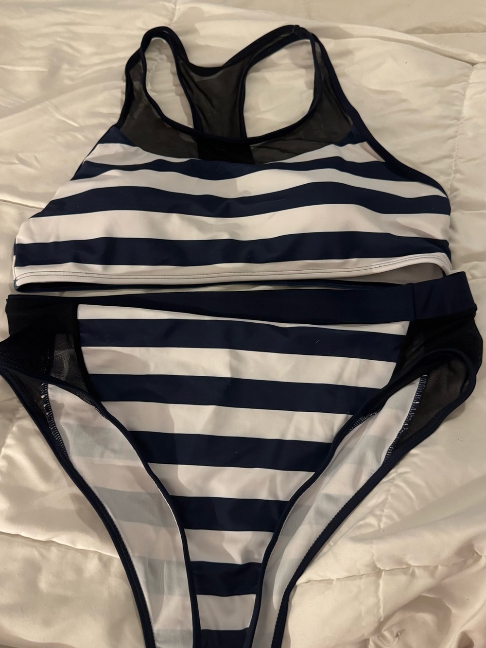 Navy and White Striped Racerback Bikini Set